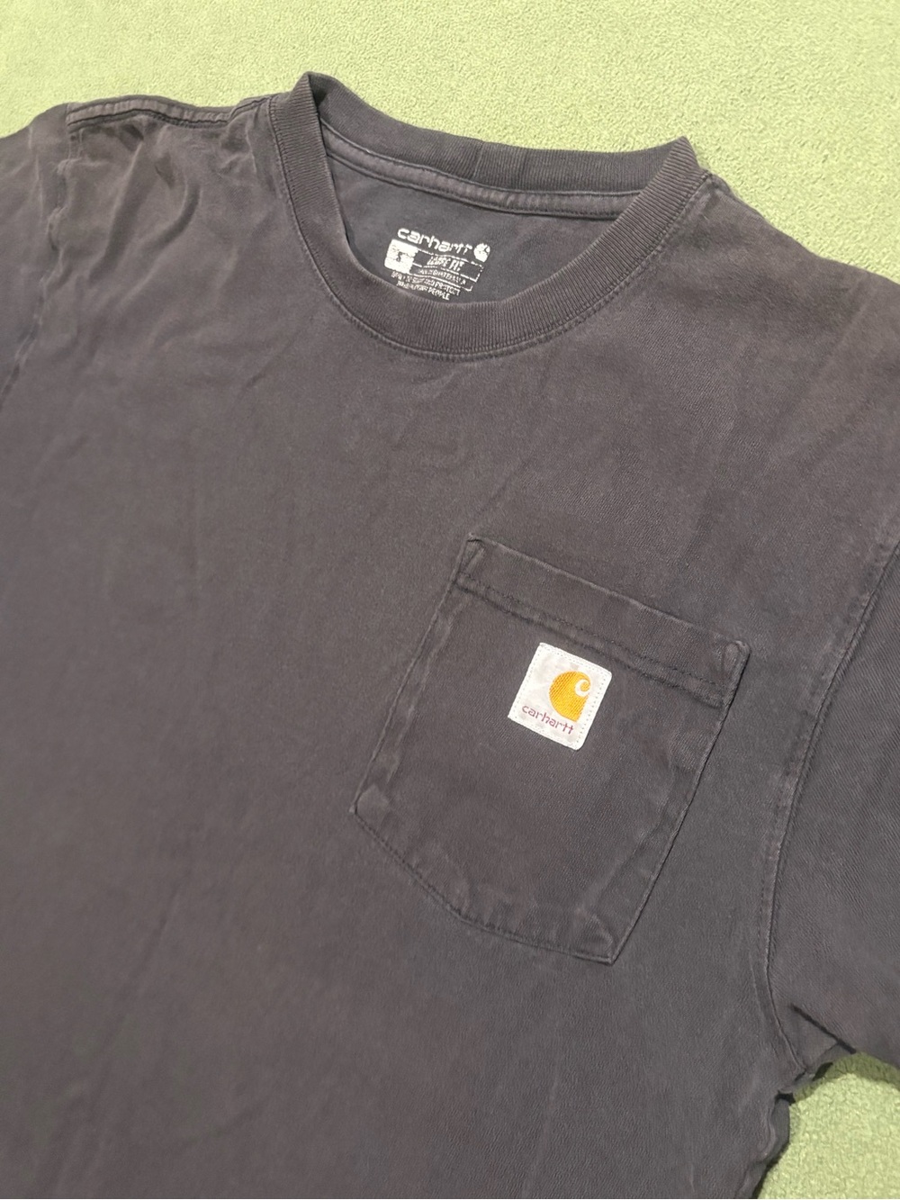 Carhartt Men's Black and Grey T-shirt sun faded distressed S Small pocket tee